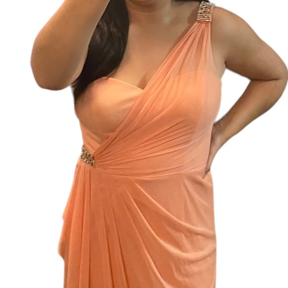 Xscape Peachy Orange On should Draped Embellished Gown - Picture 3 of 16